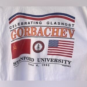 Vintage 1990 Gorbachev Glasnost Stanford University T-Shirt XL USA USSR Flags